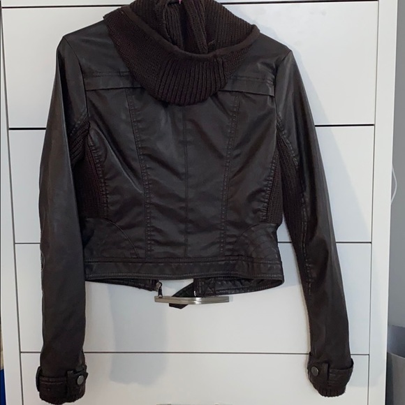 Brown Leather Hooded Jacket w/ Sweater Material - Picture 2 of 11